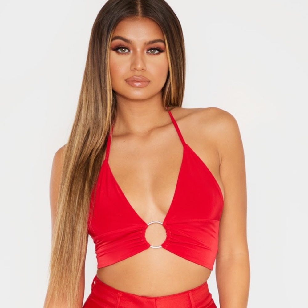 PRETTYLITTLETHING Red Plunge Ring Detail Bralet
